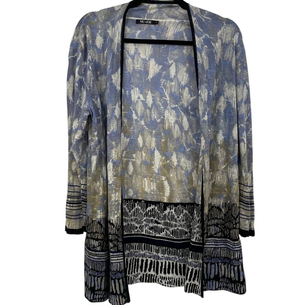 Nic & Zoe Blue & Gold Printed Open Front Lightweight Cardigan Sweater Womens S